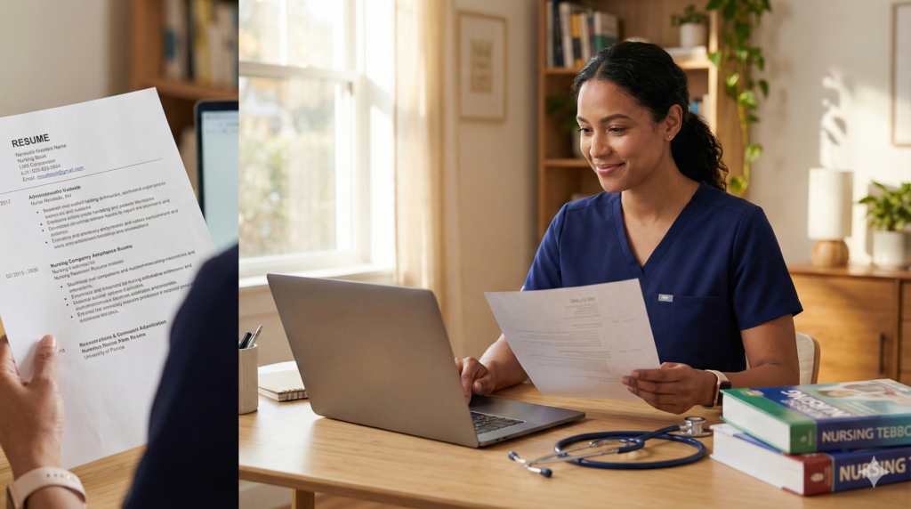 Professional diverse female nurse in modern scrubs sitting at clean desk