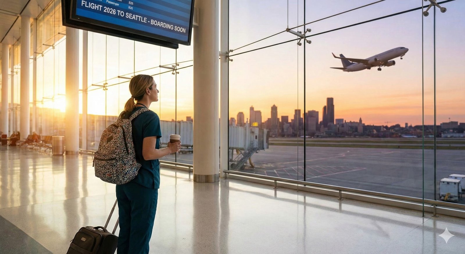 Travel nurse in scrubs at an airport preparing for a new assignment in 2026