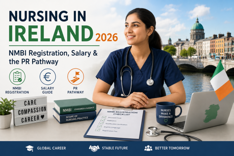 Nursing in Ireland 2026: NMBI registration step by step, HSE pay scales €34K-€53K+, Critical Skills permit, Stamp 4 PR after 2 years, and the timeline