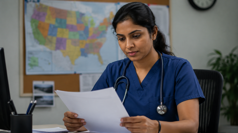 Indian GNM nurse reviewing US nursing licence application documents, representing the pathway to work in the USA in 2026