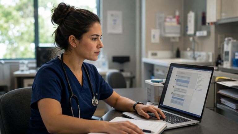 Nurse practitioner reviewing a clinical AI chat tool with cited sources on a laptop, ChatGPT for Clinicians 2026
