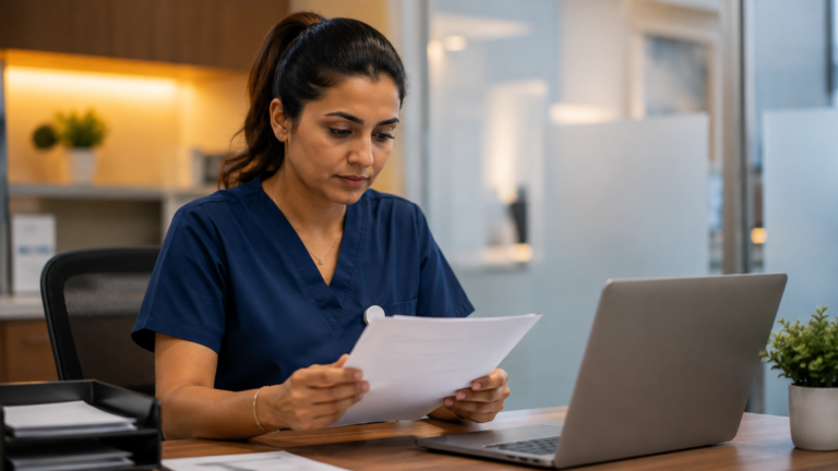 Nurse reviewing DataFlow verification documents for Gulf nursing licence application in 2026