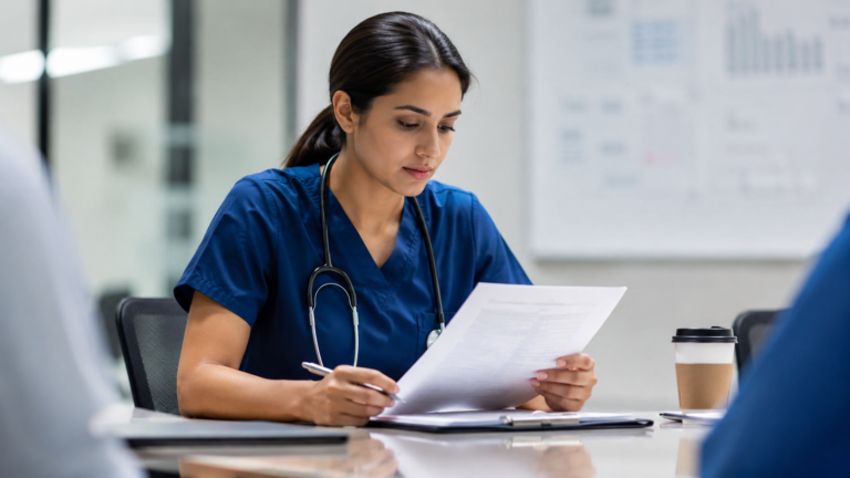 Nurse reviewing legal documents related to a board of nursing investigation, representing drug diversion accusation rights in 2026