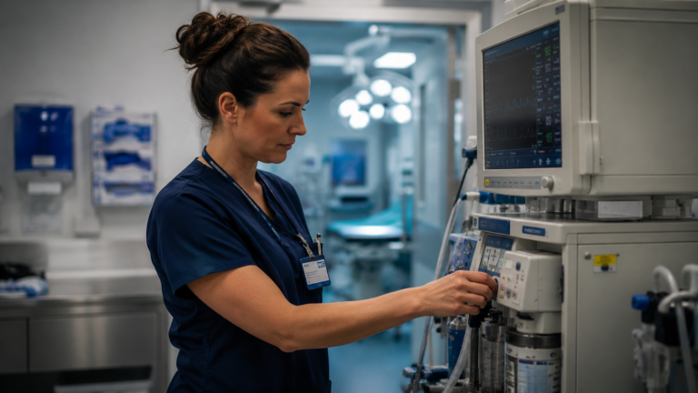 Nurse reviewing anaesthesia equipment in a hospital corridor, representing the CRNA career path in 2026