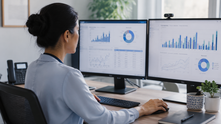 Nurse informaticist reviewing clinical data on dual monitors in a healthcare office, representing nursing informatics career guide 2026