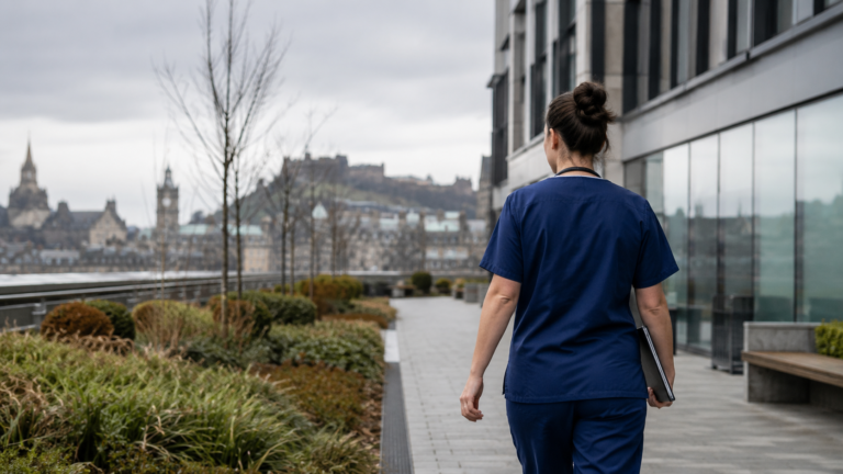 Nurse outside an NHS Scotland hospital representing nursing jobs in Scotland 2026