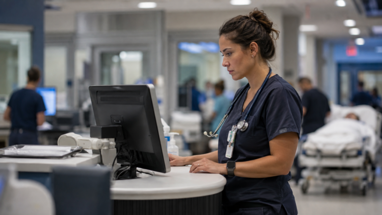 Emergency room nurse reviewing patient data at a triage station in a hospital emergency department, 2026 ER nursing career guide
