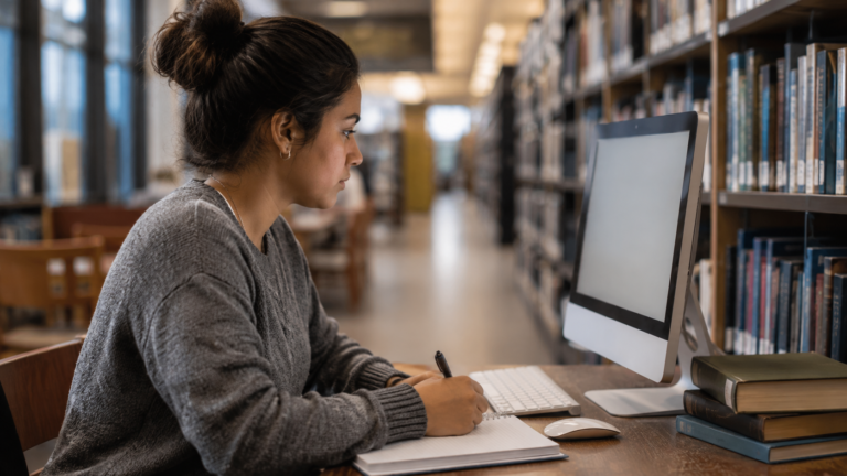 Nursing school applicant studying for the ATI TEAS entrance exam at a computer workstation in 2026