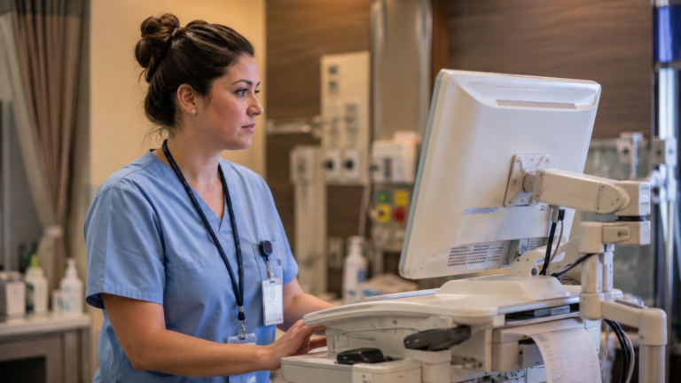 Labor and delivery nurse reviewing an electronic fetal monitoring screen in a hospital labour unit, L&D nursing career guide 2026