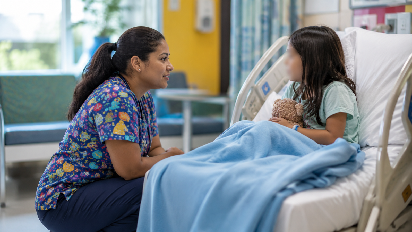 Paediatric nurse at a child's eye level in a children's hospital ward, pediatric nursing career guide 2026 Paediatric nurse at a child's eye level in a children's hospital ward, pediatric nursing career guide 2026