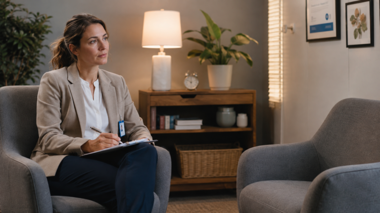 Psychiatric mental health nurse in a clinical consultation room representing the PMHNP nursing career guide 2026