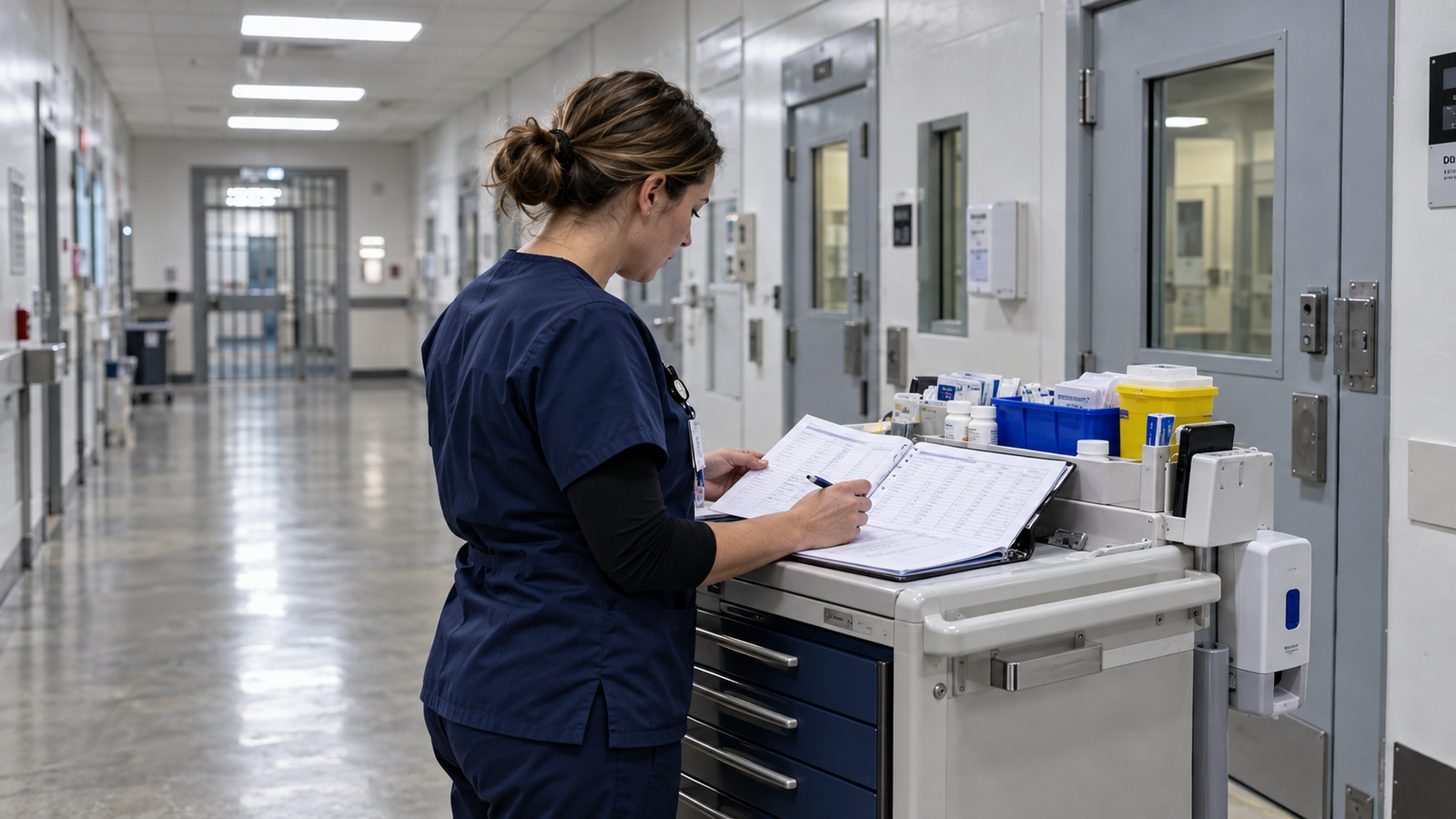 Correctional nurse reviewing a medication log in a secure facility clinic, correctional nursing career guide 2026 Correctional nurse reviewing a medication log in a secure facility clinic, correctional nursing career guide 2026