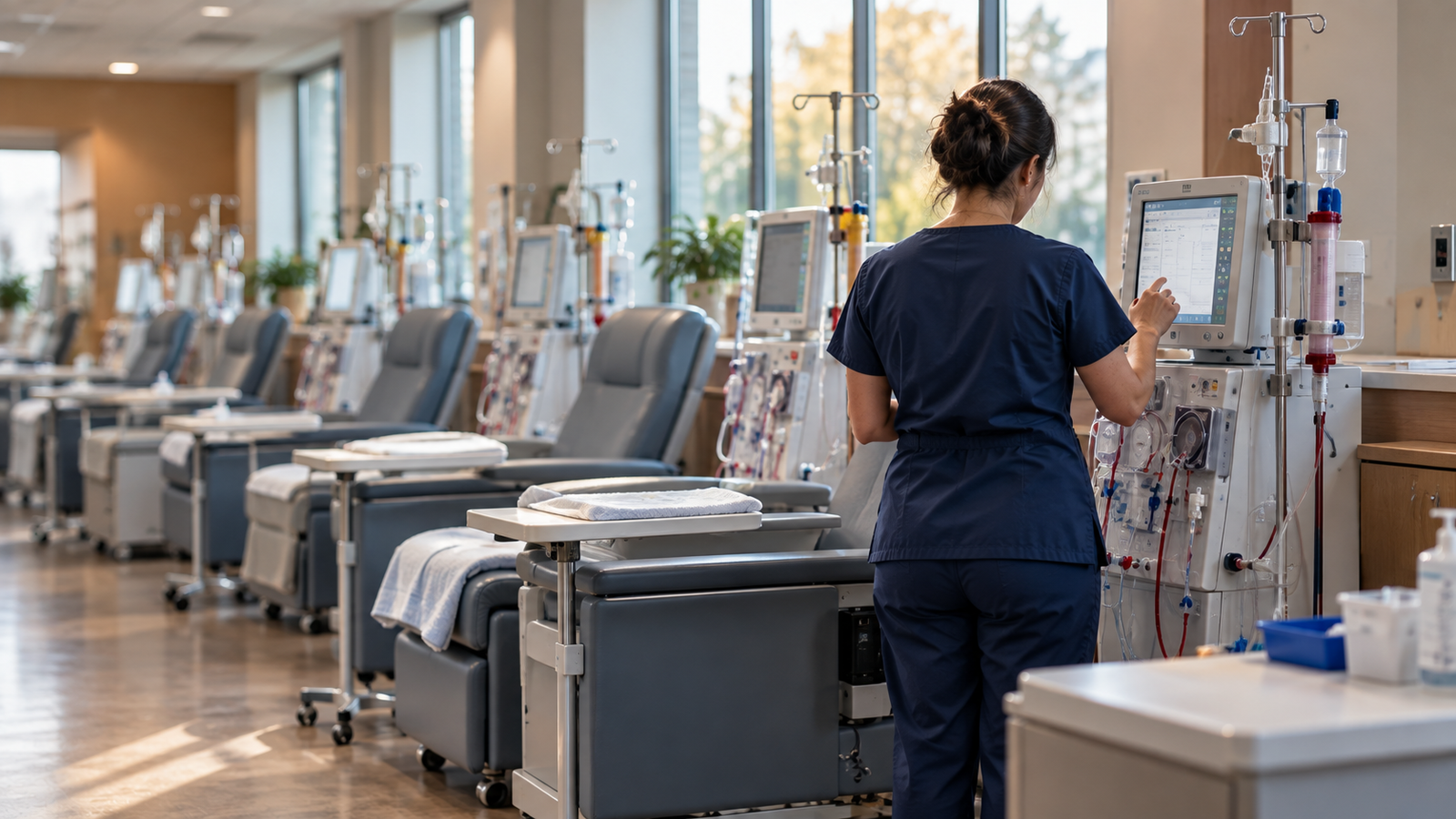 Dialysis nurse checking a hemodialysis machine in an outpatient clinic, dialysis nursing career guide 2026 Dialysis nurse checking a hemodialysis machine in an outpatient clinic, dialysis nursing career guide 2026