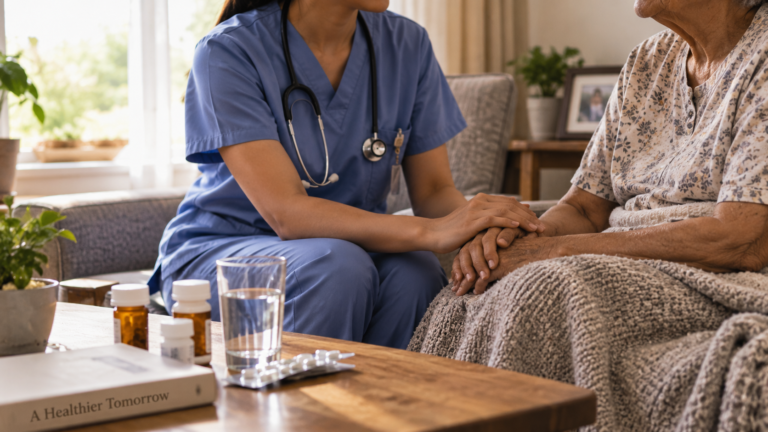 Hospice nurse sitting with an elderly patient at home, representing the hospice and palliative care nursing career guide 2026