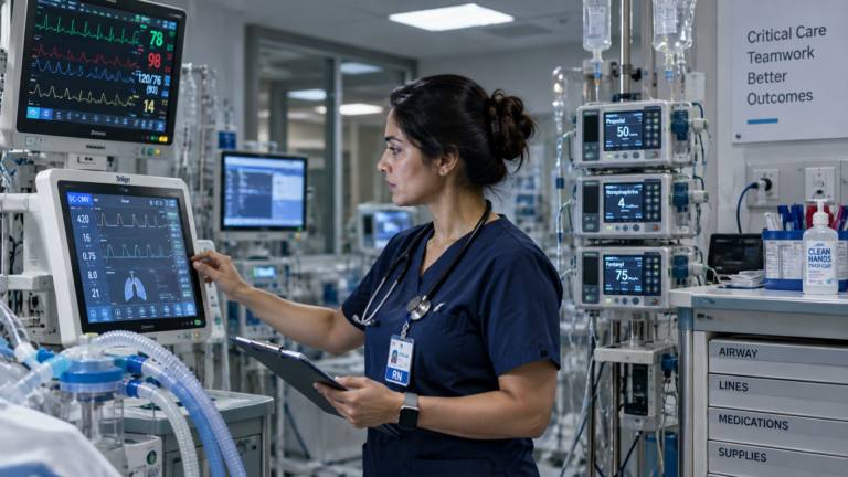 ICU nurse reviewing ventilator and infusion pump settings at a critical care bedside station, ICU nursing career guide 2026