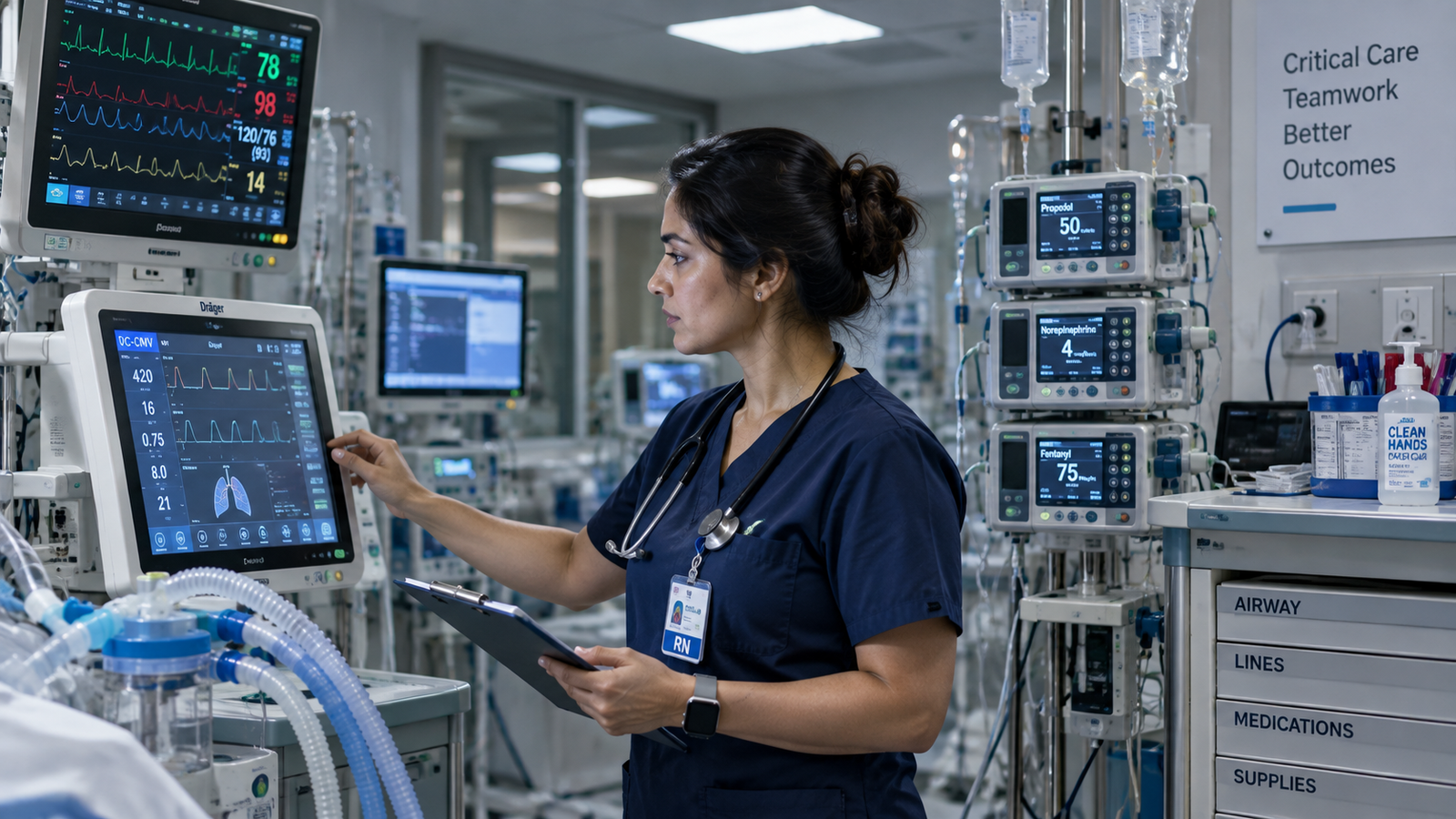 ICU nurse reviewing ventilator and infusion pump settings at a critical care bedside station, ICU nursing career guide 2026 ICU nurse reviewing ventilator and infusion pump settings at a critical care bedside station, ICU nursing career guide 2026