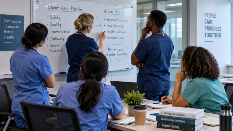 Nursing team in a shared governance meeting at a Magnet-designated hospital, representing what Magnet status means for nurses in 2026