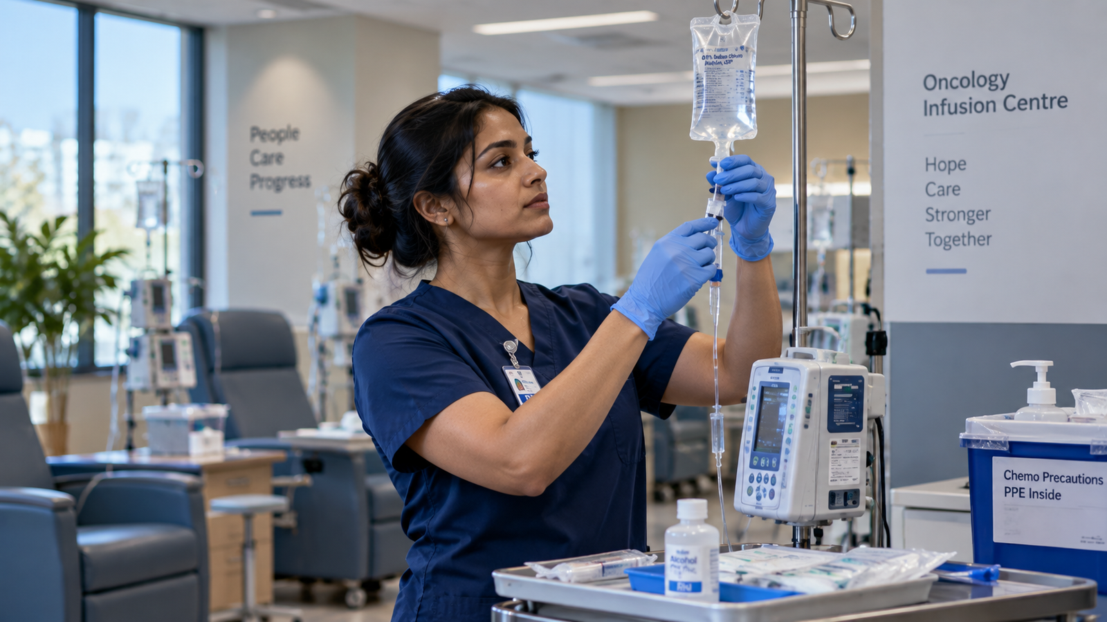 Oncology nurse preparing chemotherapy infusion in an outpatient cancer centre, oncology nursing career guide 2026 Oncology nurse preparing chemotherapy infusion in an outpatient cancer centre, oncology nursing career guide 2026
