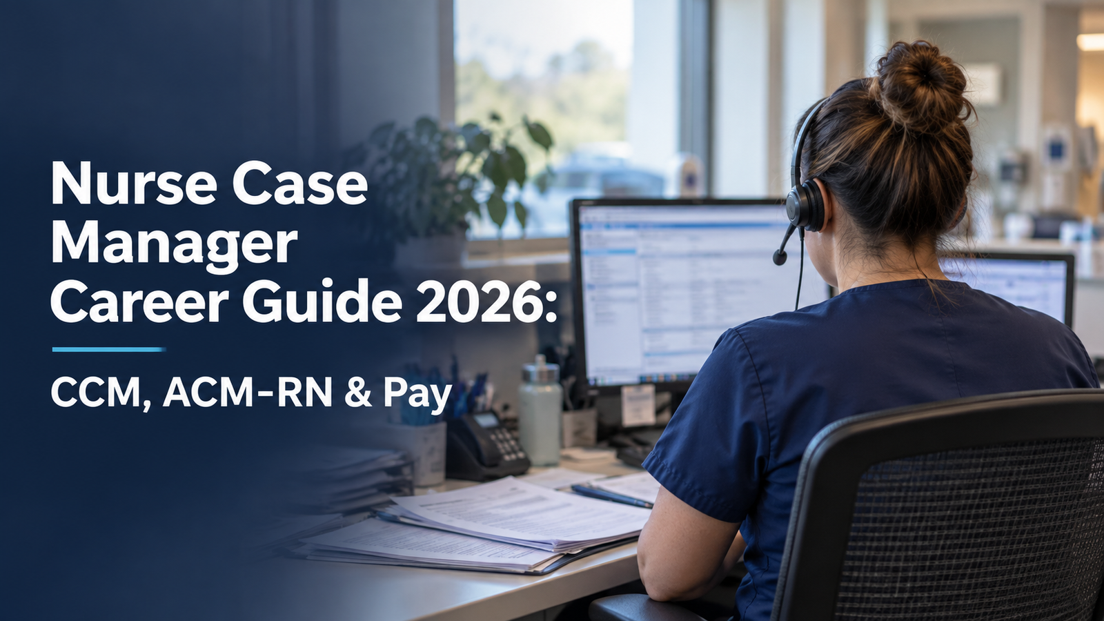 Nurse case manager working on discharge planning at a hospital workstation, nurse case manager career guide 2026 Nurse case manager working on discharge planning at a hospital workstation, nurse case manager career guide 2026