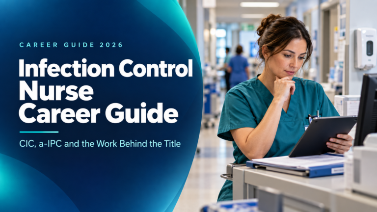 Infection control nurse with a clipboard beside a hand hygiene station, infection control nurse career guide 2026